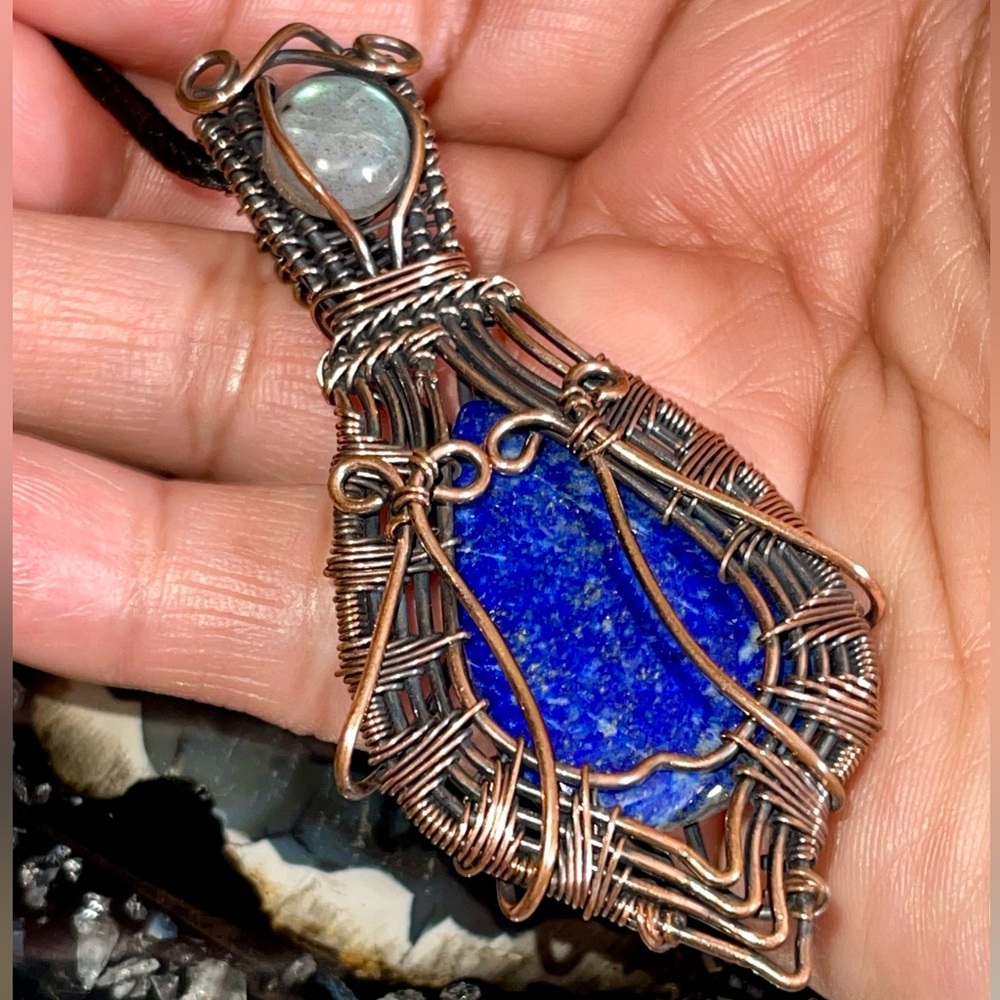 Copper Wire-Wrapped Labradorite & Lapis Lazuli Crystal Pendant 3”